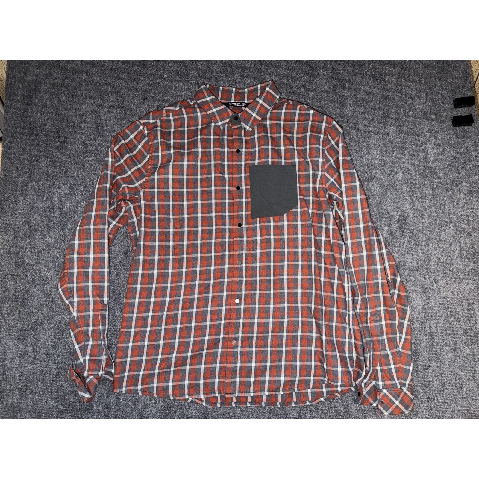 Arc'teryx Men's Red Plaid Button-Down Shirt With Black Chest Pocket